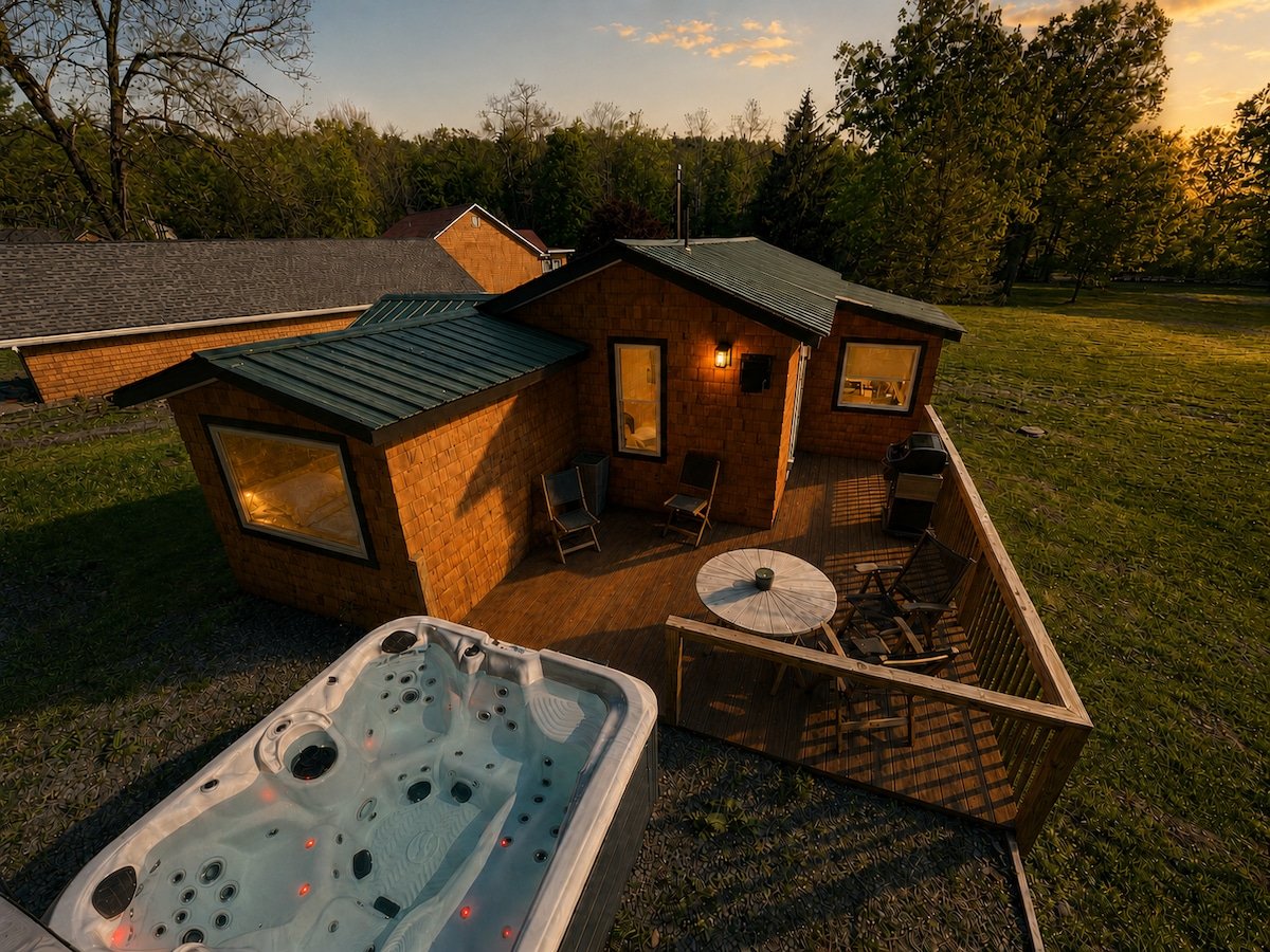 Private hot tub surrounded by tall trees at Cove King Bed Escape in Ellenville
