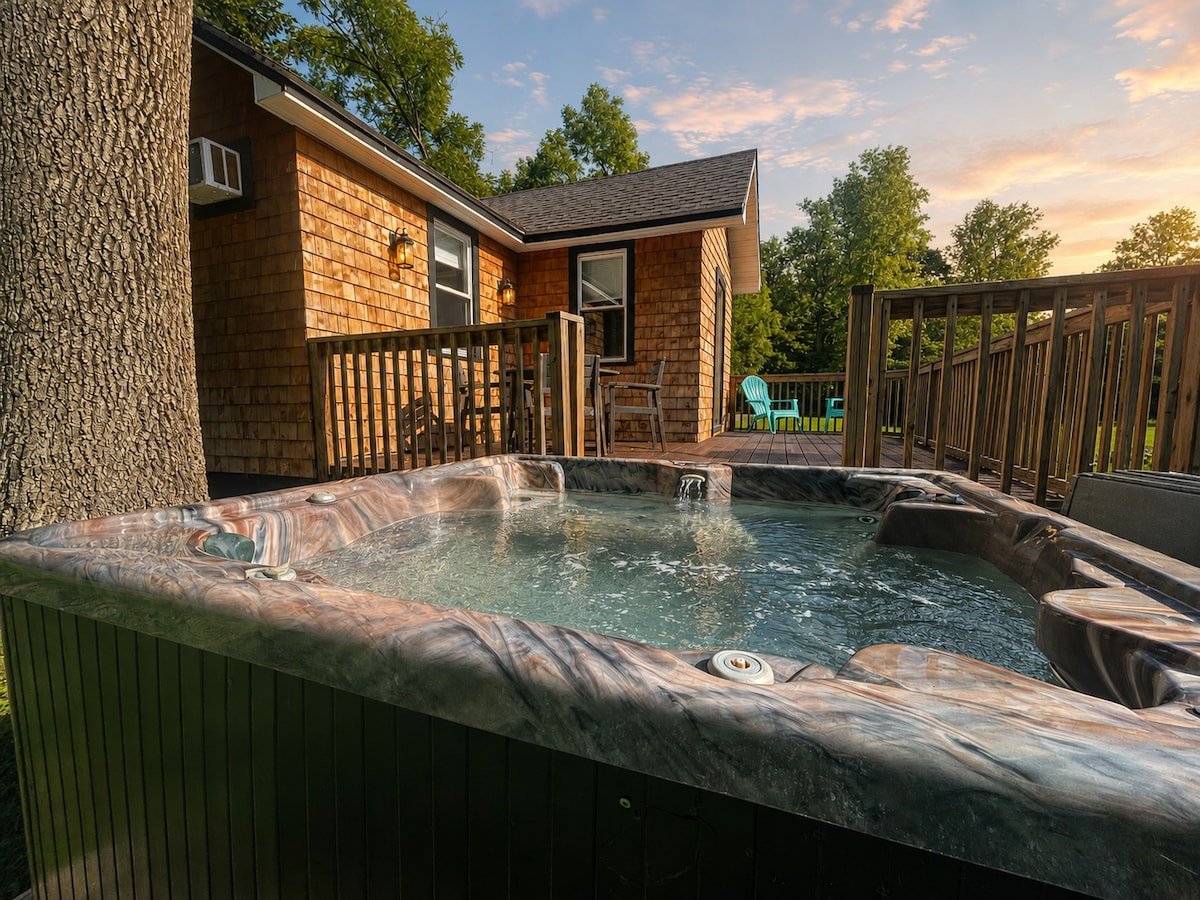 Private hot tub at one of the Ellenville NY cabins at Breeze Lawn